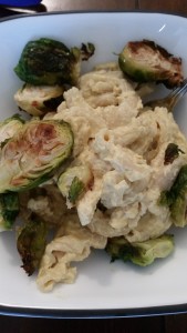 vegan mac and cheese with brussel sprouts