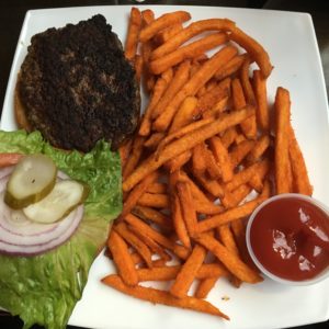 burger and sweet potato fries